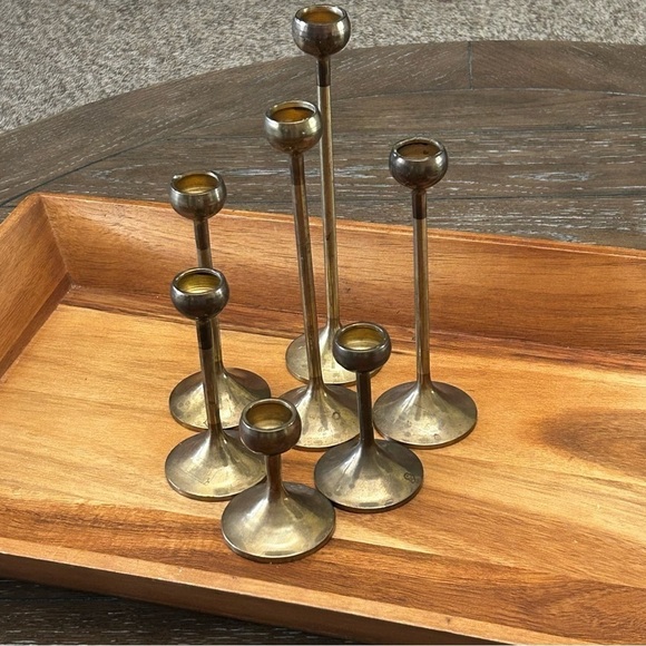Mid Century Scandinavian Brass Graduated Candleholders - Set of 7 - Picture 8 of 9